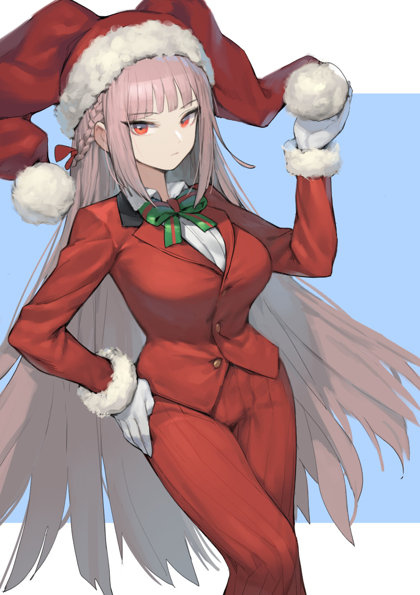 1girl absurdres blue_background bow bowtie braid commentary fate/grand_order fate_(series) florence_nightingale_(fate/grand_order) florence_nightingale_santa_(fate/grand_order) french_braid fur-trimmed_sleeves fur_trim gloves green_neckwear grey_hair hand_on_hip hat highres long_hair long_sleeves pom_pom_(clothes) red_eyes romana santa_costume santa_hat solo two-tone_background very_long_hair white_background white_gloves