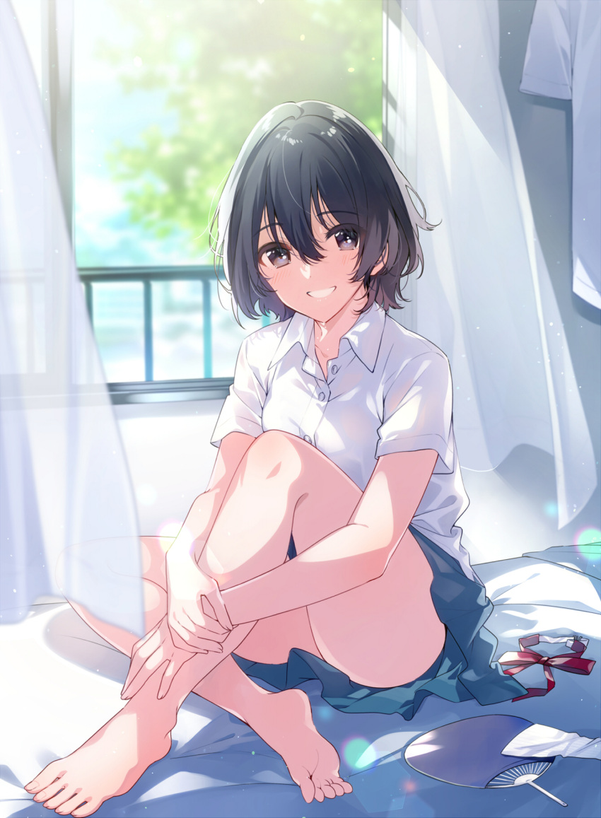 1girl :d bangs bare_legs barefoot bed bed_sheet black_eyes black_hair blue_skirt blurry blurry_background blush collared_shirt commentary_request curtains day depth_of_field dress_shirt earrings fan feet full_body grin hair_between_eyes highres indoors jewelry knee_up looking_back miniskirt on_bed open_mouth original own_hands_together paper_fan red_ribbon ribbon shirt short_hair short_sleeves skirt smile solo teeth u35 uchiwa white_shirt window wing_collar
