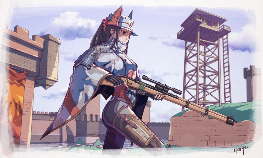 1girl absurdres animal_hat armor artist_name black_hair bolt_action brown_eyes camouflage cape cat_hat clouds cowboy_shot day fingerless_gloves gloves grass gun hat highres holding holding_gun holding_weapon kai_schren military military_uniform outdoors red_bean rifle scope scrunchie senjou_no_valkyria senjou_no_valkyria_4 shoulder_armor signature skin_tight sky sniper_rifle solo stone_wall tower trigger_discipline uniform wall watchtower weapon