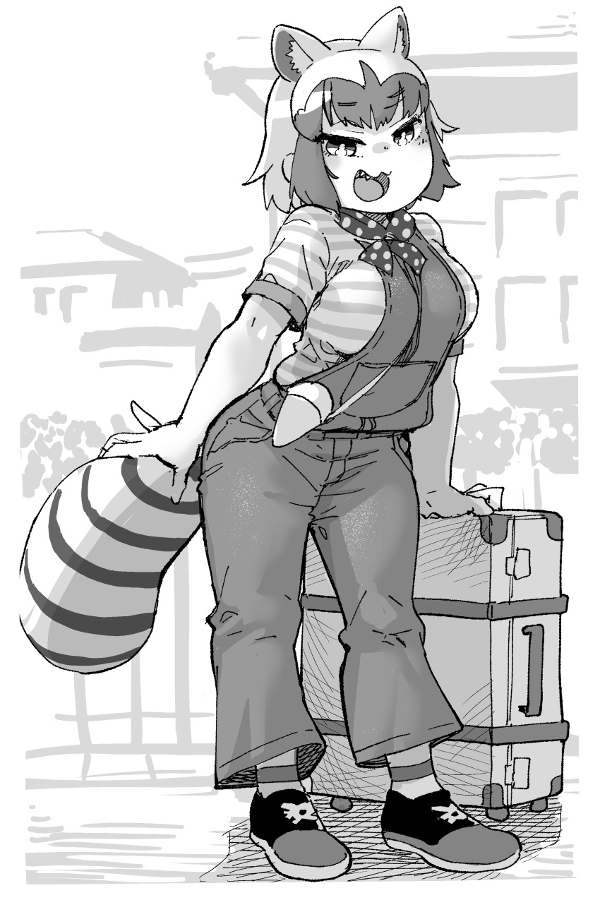 1girl absurdres animal_ears casual commentary_request common_raccoon_(kemono_friends) curvy hare_(tetterutei) highres kemono_friends monochrome overalls raccoon_ears raccoon_girl raccoon_tail suitcase tail