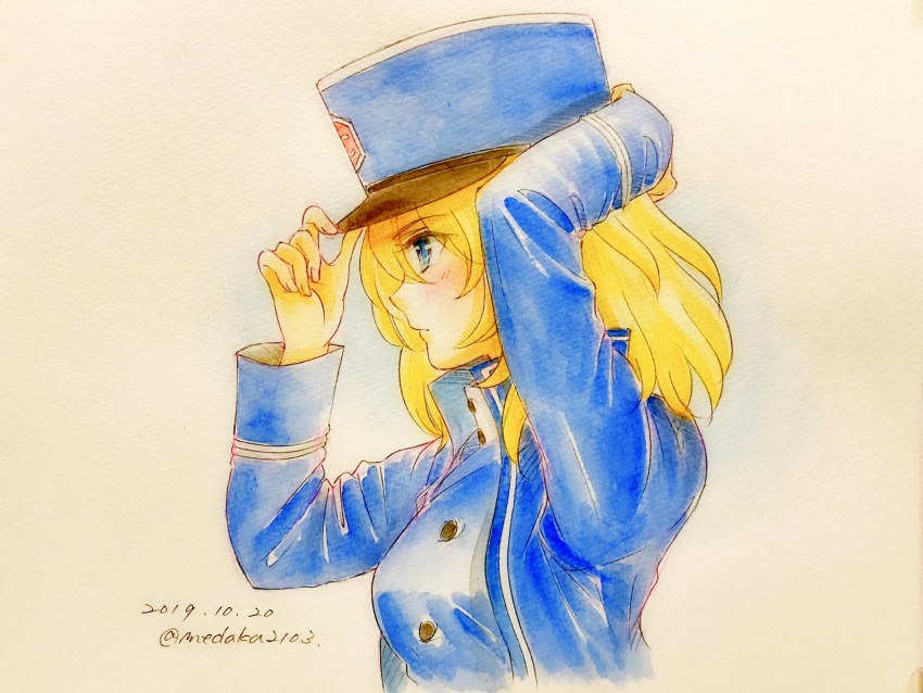 1girl adjusting_clothes adjusting_hat arm_behind_head bangs bc_freedom_(emblem) bc_freedom_military_uniform blonde_hair blue_eyes blue_headwear blue_jacket blue_vest closed_mouth commentary cropped_torso dated dress_shirt emblem from_side girls_und_panzer hat high_collar highres jacket kepi light_frown long_sleeves medium_hair messy_hair military military_hat military_uniform oshida_(girls_und_panzer) q-bee_(aaru) shirt solo texture traditional_media twitter_username uniform upper_body vest white_shirt