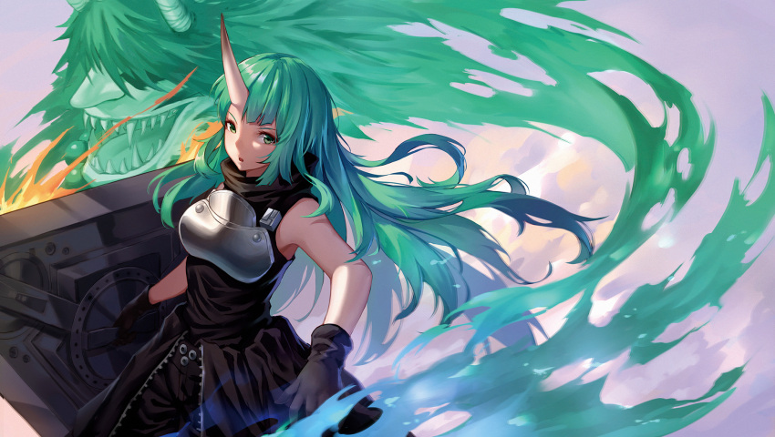 0qianben0 1girl arknights armor bangs bare_shoulders black_gloves black_pants breastplate breasts cowboy_shot fire gloves green_eyes green_hair hair_between_eyes highres holding_shield horn horns hoshiguma_(arknights) large_breasts long_hair looking_at_viewer oni oni_horns open_mouth pants parted_lips shield sleeveless solo turtleneck