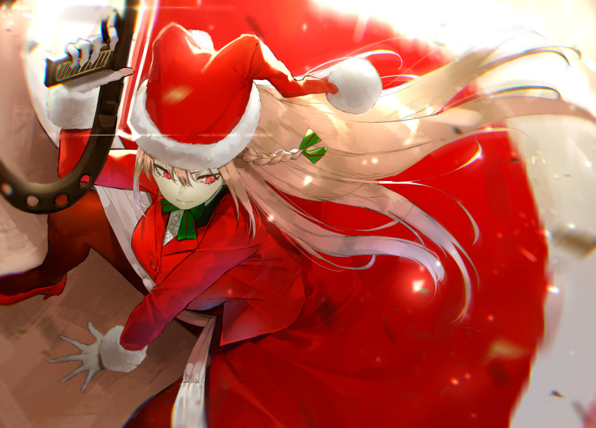 1girl braid breasts fate/grand_order fate_(series) finger_on_trigger florence_nightingale_(fate/grand_order) florence_nightingale_santa_(fate/grand_order) from_above fur-trimmed_dress giji_(gishi2186) gun hat large_breasts long_hair pantyhose pink_hair red_eyes santa_hat weapon