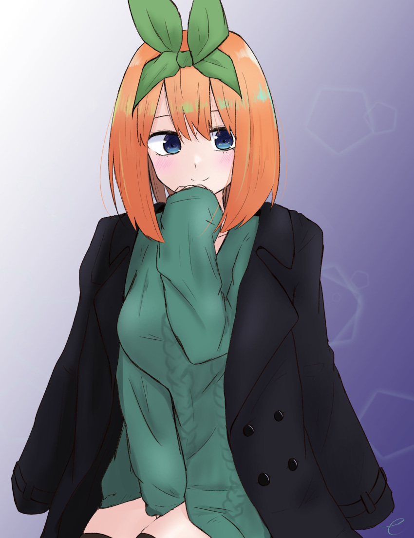 1girl absurdres aran_sweater bangs between_legs black_jacket blue_eyes breasts closed_mouth commentary_request eyebrows_behind_hair go-toubun_no_hanayome green_ribbon green_sweater hair_between_eyes hair_ribbon hand_between_legs hand_up highres jacket jacket_on_shoulders kujou_karasuma long_sleeves looking_at_viewer medium_breasts nakano_yotsuba orange_hair ribbon sitting sleeves_past_wrists smile solo sweater