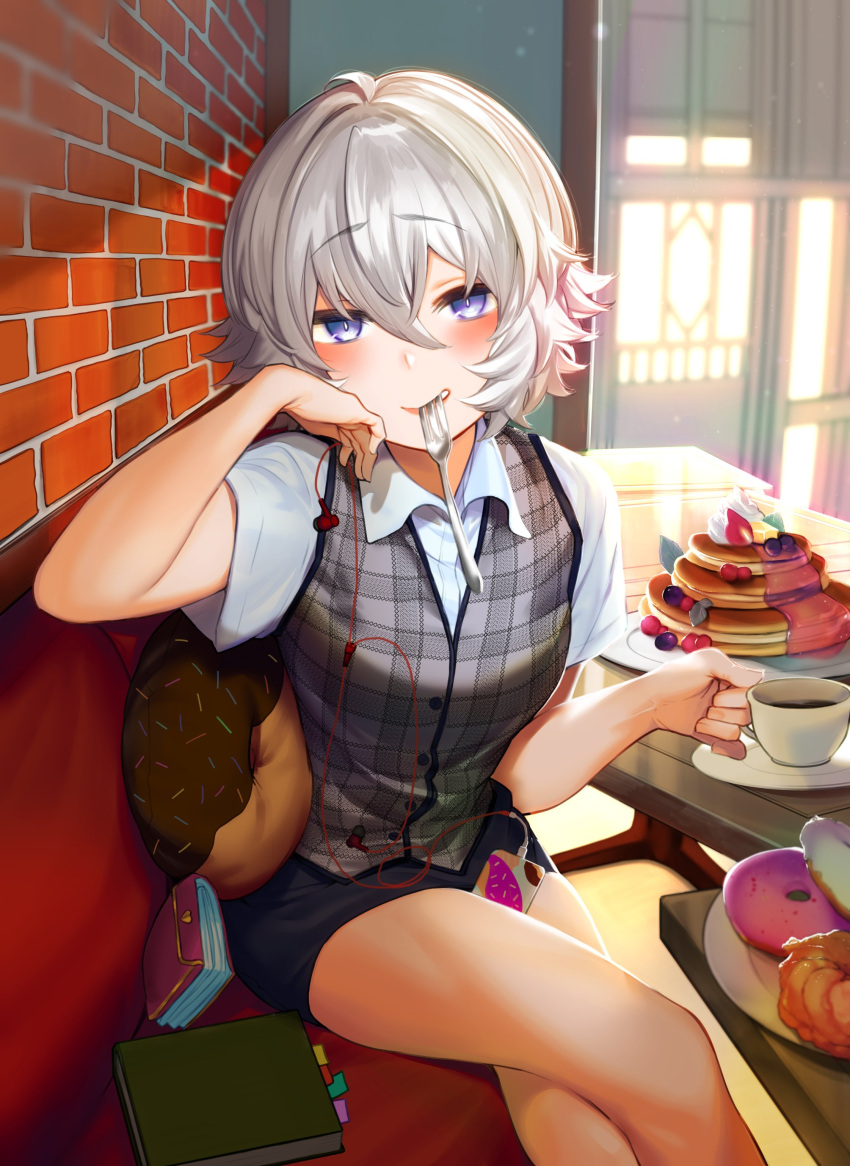 1girl absurdres ahoge akagi_asahito bangs blush book brick_wall cafe chin_rest couch cream crossed_legs cup dessert doughnut doughnut_pillow dress_shirt dust_particles earphones earphones_removed elbow_rest eyebrows_visible_through_hair food fork fork_in_mouth formal fruit hair_between_eyes hand_on_own_cheek highres holding holding_cup indoors kirigiri_saori looking_at_viewer morning office_lady pancake phone plaid saucer shirt short_hair short_sleeves shounen_chotto_sabotteko! silver_hair sitting skirt_suit smirk smug solo suit sunlight table teacup violet_eyes waistcoat wallet