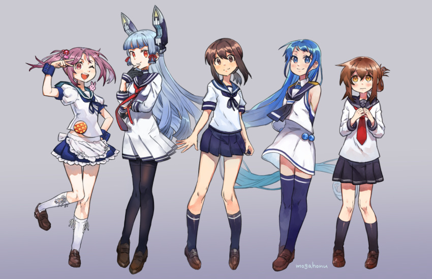 5girls anchor anchor_symbol apron arms_behind_back artist_name bangs black_legwear black_neckwear blue_eyes blue_hair blue_legwear blue_neckwear blunt_bangs blush breasts brown_eyes brown_footwear brown_hair closed_mouth dress elbow_gloves folded_ponytail frilled_skirt frills fubuki_(kantai_collection) full_moon gloves grey_background hair_bobbles hair_ornament hair_ribbon headgear inazuma_(kantai_collection) kantai_collection loafers long_hair long_sleeves low_ponytail mogamiya_honu moon multiple_girls murakumo_(kantai_collection) neck_ribbon neckerchief one_eye_closed open_mouth pantyhose pink_hair pleated_skirt ponytail puffy_short_sleeves puffy_sleeves rabbit red_neckwear ribbon sailor_collar sailor_dress samidare_(kantai_collection) sazanami_(kantai_collection) school_uniform serafuku shoes short_hair short_sleeves sidelocks silver_hair simple_background skirt small_breasts smile socks standing standing_on_one_leg thigh-highs tress_ribbon twintails v very_long_hair waist_apron white_legwear wrist_cuffs