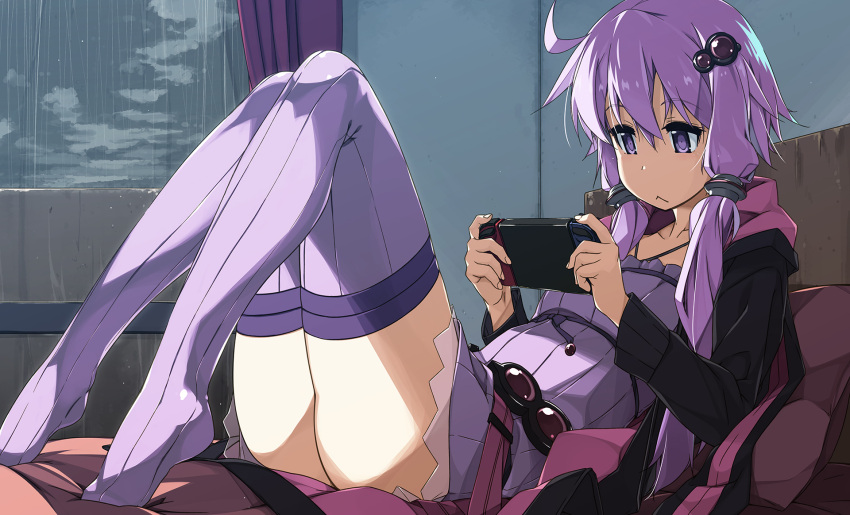 1girl :&lt; ahoge ass bangs bed black_jacket closed_mouth commentary_request curtains dress eyebrows_visible_through_hair full_body highres holding hood hood_down hooded_jacket indoors jacket long_sleeves lying nintendo_switch on_back on_bed open_clothes open_jacket pilloe playing_games purple_dress purple_hair purple_legwear rain shikei short_dress short_hair_with_long_locks sidelocks solo striped striped_legwear thigh-highs vertical-striped_legwear vertical_stripes violet_eyes vocaloid voiceroid window yuzuki_yukari