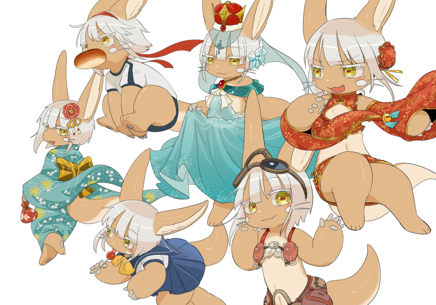 1other alternate_costume androgynous blush brown_eyes closed_mouth eyebrows_visible_through_hair flower goggles goggles_on_head hair_flower hair_ornament highres japanese_clothes kawasemi27 kimono looking_at_viewer looking_away made_in_abyss nanachi_(made_in_abyss) short_hair smile white_hair