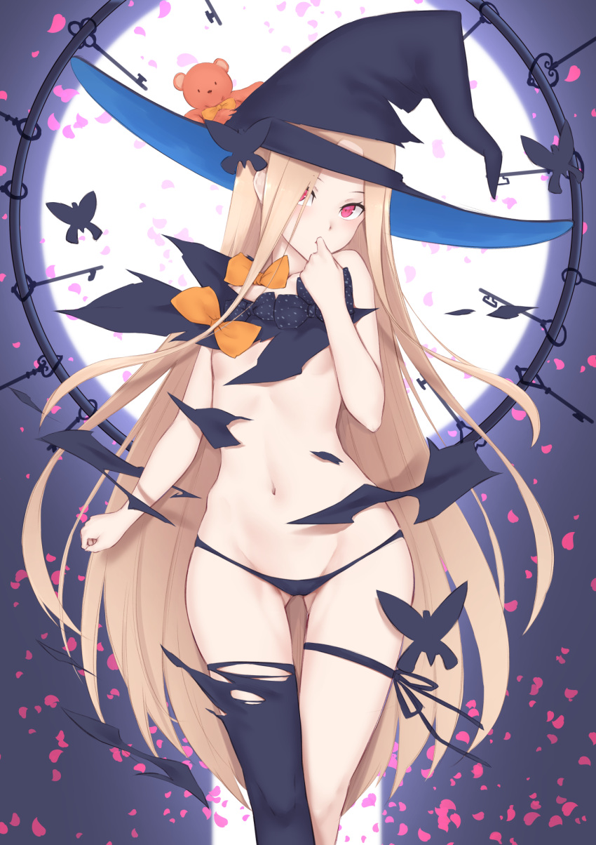 1girl abigail_williams_(fate/grand_order) bangs bare_shoulders black_bow black_headwear black_legwear black_panties blonde_hair blush bow breasts bug butterfly fate/grand_order fate_(series) forehead full_moon hat highres insect jilu key long_hair looking_at_viewer moon multiple_bows navel night night_sky orange_bow panties parted_bangs petals polka_dot polka_dot_bow red_eyes single_thighhigh sky small_breasts solo stuffed_animal stuffed_toy teddy_bear thigh-highs thighs torn_clothes underwear witch_hat