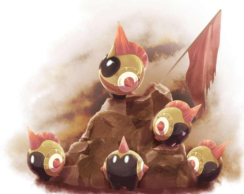 closed_eyes falinks flag gen_8_pokemon helmet highres looking_up no_humans piyu-pie-5462da-ykr pokemon pokemon_(game) pokemon_swsh rock shield tattered_flag