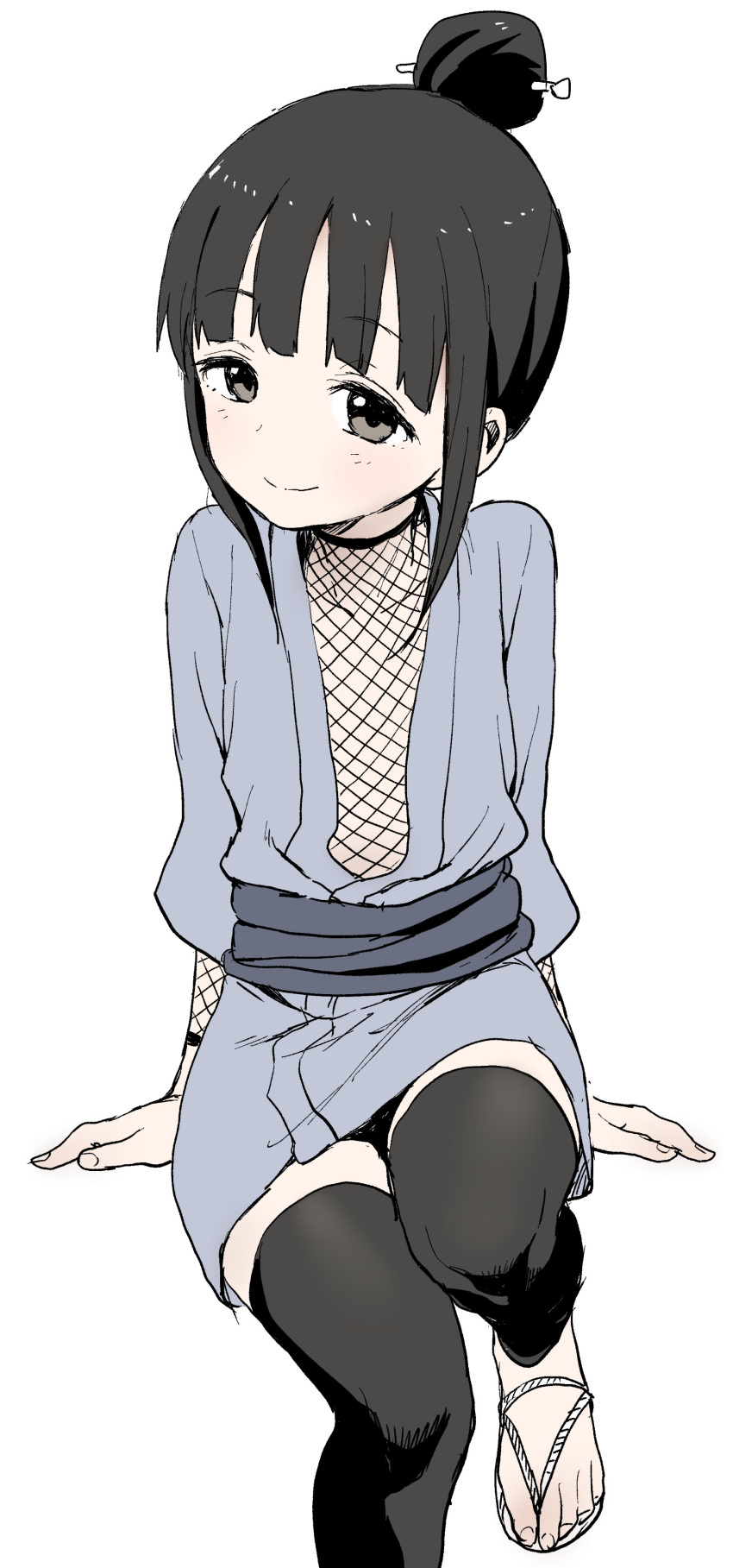 1girl absurdres bangs black_hair black_legwear blue_kimono blush brown_eyes closed_mouth commentary_request eyebrows_visible_through_hair fishnets hair_bun hair_ornament highres japanese_clothes kimono knee_up kunoichi_tsubaki_no_mune_no_uchi leggings long_sleeves looking_at_viewer mokuren_(kunoichi_tsubaki_no_mune_no_uchi) obi sash short_kimono sidelocks simple_background smile solo white_background white_footwear yamamoto_souichirou