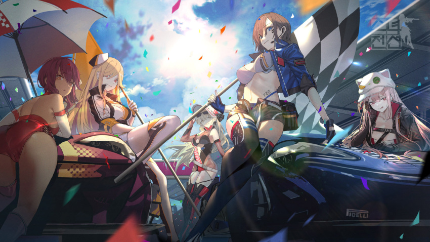 5girls :o :q adjusting_eyewear alternate_costume artist_request ass bangs blonde_hair blue_eyes blue_sky boots breasts car checkered checkered_flag clouds confetti cross cross_earrings dark_skin day earrings elbow_gloves eyebrows_visible_through_hair eyewear_on_head flag gloves grey_hair ground_vehicle hair_between_eyes hair_ornament highres holding holding_flag jacket jewelry knee_up large_breasts leotard logo long_hair looking_at_viewer m2hb_(girls_frontline) motor_vehicle multiple_girls official_art open_clothes open_jacket orange_eyes outdoors p22_(girls_frontline) pink_hair ppk_(girls_frontline) purple_hair racecar racequeen red_eyes saiga-12_(girls_frontline) short_hair sidelocks sitting sky smile standing sunglasses thigh-highs thigh_boots thighs tongue tongue_out twintails ukm-2000_(girls_frontline) yellow_eyes