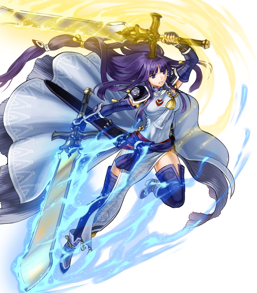 1girl alondite altina blue_eyes blue_footwear blue_hair boots breasts dress fire_emblem fire_emblem:_radiant_dawn fire_emblem_heroes full_body highres kita_senri long_hair medium_breasts official_art pelvic_curtain ragnell sheath shoulder_armor sleeveless sleeveless_dress sword thigh-highs thigh_boots transparent_background weapon