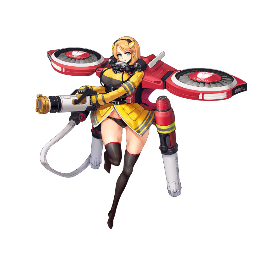 1girl black_legwear blonde_hair blue_eyes boots breasts firefighter frost_serpent_(last_origin) full_body gas_mask hairband highres jetpack large_breasts last_origin looking_at_viewer simple_background solo tachi-e thigh-highs thigh_boots transparent_background weapon