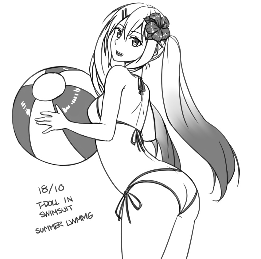 1girl :d arched_back ass ball bangs bare_arms bare_shoulders beachball bikini breasts character_name eyebrows_visible_through_hair flower girls_frontline gradient_hair hair_between_eyes hair_flower hair_ornament hairclip highres holding holding_ball leaning_forward long_hair looking_at_viewer looking_to_the_side lwmmg_(girls_frontline) multicolored_hair ndtwofives open_mouth side-tie_bikini simple_background small_breasts smile solo swimsuit twintails upper_teeth very_long_hair white_background