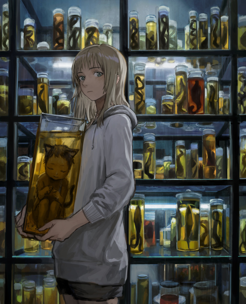 1girl 1other absurdres ambiguous_gender animal_ears bangs black_shorts blonde_hair blue_eyes carrying cat_ears cat_tail closed_mouth commentary_request drawstring expressionless grey_hoodie highres hood hood_down hoodie huge_filesize in_container jar long_hair looking_at_viewer original shelf short_shorts shorts tail tomiya_(tomiya2117)