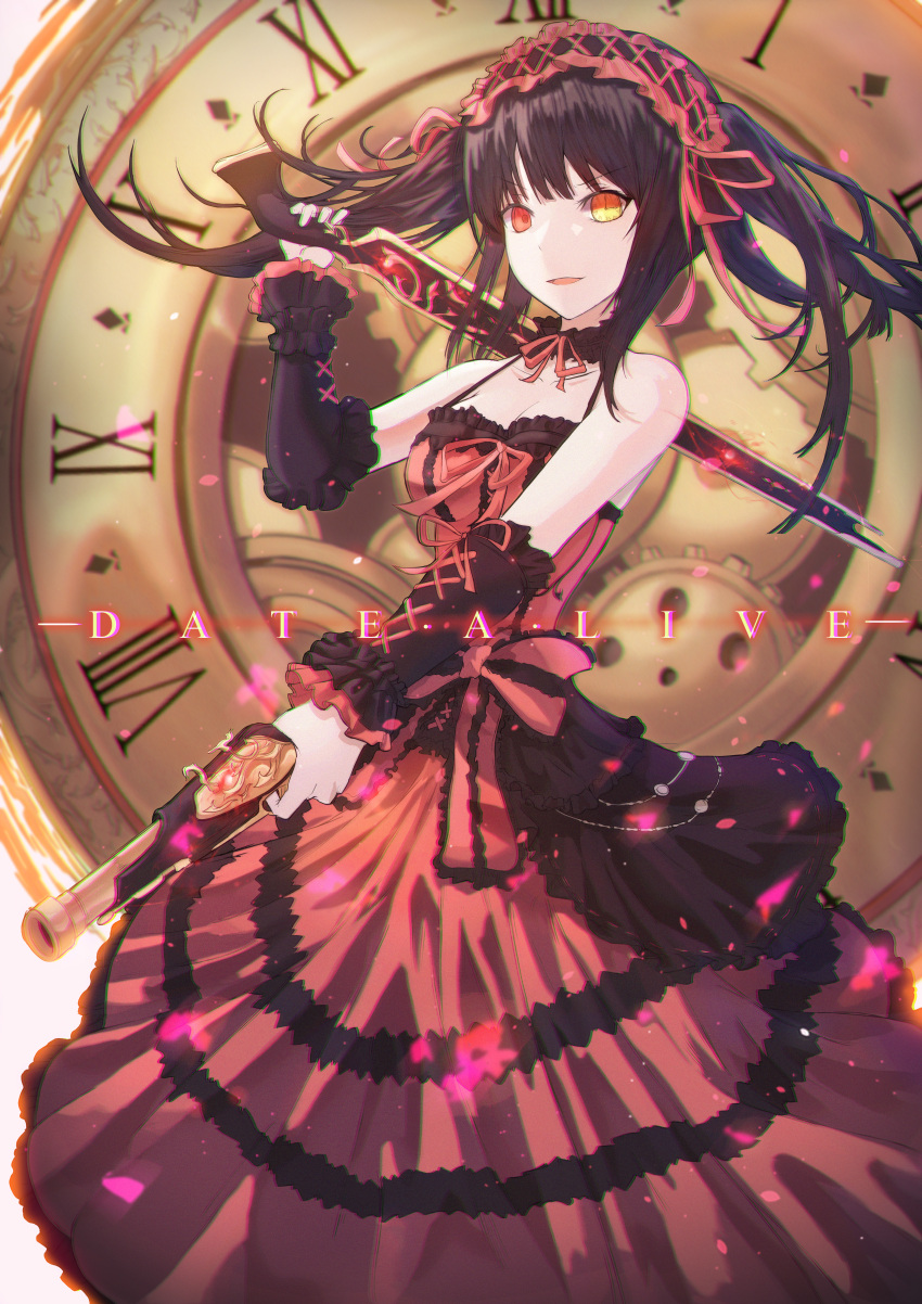 1girl absurdres antique_firearm black_hair breasts choker clock clock_eyes commentary_request copyright_name date_a_live detached_sleeves dress firearm firelock flintlock gothic_lolita gun hairband heterochromia highres holding holding_gun holding_weapon huge_filesize large_breasts lolita_fashion lolita_hairband long_hair looking_at_viewer musket neon_(hhs9444) open_mouth red_eyes roman_numerals solo symbol-shaped_pupils tokisaki_kurumi twintails weapon yellow_eyes