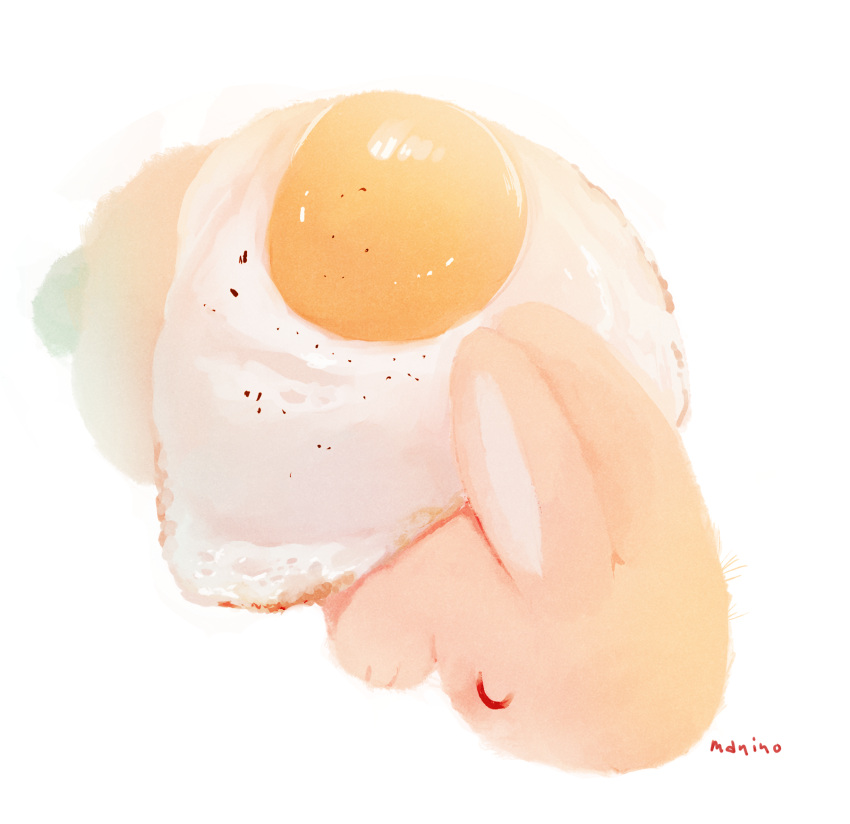 animal closed_eyes commentary_request food fried_egg full_body highres manino_(mofuritaionaka) no_humans original rabbit signature simple_background sleeping solo sunny_side_up_egg u_u white_background