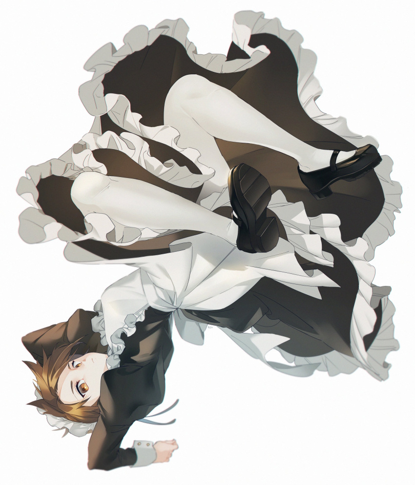 1girl absurdres alternate_costume apron bangs black_clothes black_footwear brown_eyes brown_hair closed_mouth dress full_body highres long_sleeves looking_at_viewer maid maid_apron maid_dress maid_headdress maro_(lij512) overwatch shoes short_hair simple_background solo spiky_hair tracer_(overwatch) white_background white_legwear