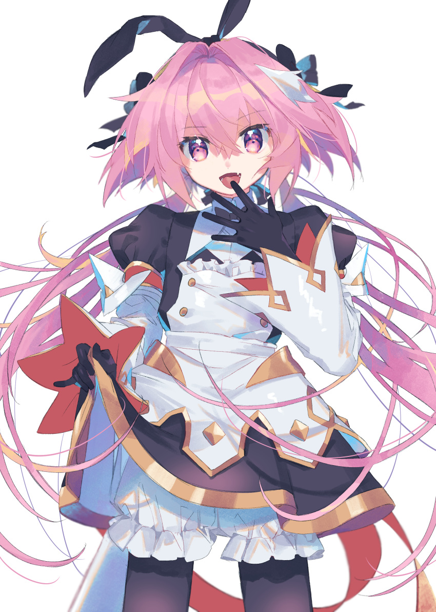 1boy absurdres astolfo_(saber)_(fate) bangs black_bow black_gloves black_ribbon blush bow bowtie commentary_request dress eyebrows_visible_through_hair fang fate/grand_order fate_(series) gloves hair_bow hair_intakes hair_ornament hair_ribbon highres long_hair long_sleeves looking_at_viewer multicolored_hair otoko_no_ko pink_hair ribbon simple_background solo streaked_hair tongue tongue_out twintails violet_eyes white_background white_hair zuho_(vega)