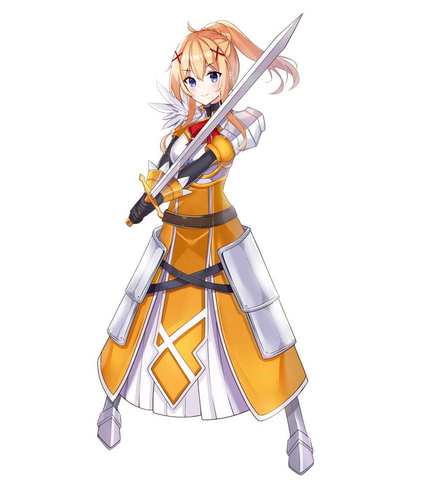 1girl 97dwnstjq armor armored_dress bangs blonde_hair blue_eyes blush braid breasts commentary_request darkness_(konosuba) eyebrows_visible_through_hair full_body gloves hair_between_eyes hair_ornament highres holding holding_sword holding_weapon kono_subarashii_sekai_ni_shukufuku_wo! large_breasts long_hair looking_at_viewer ponytail simple_background smile solo sword weapon white_background x_hair_ornament