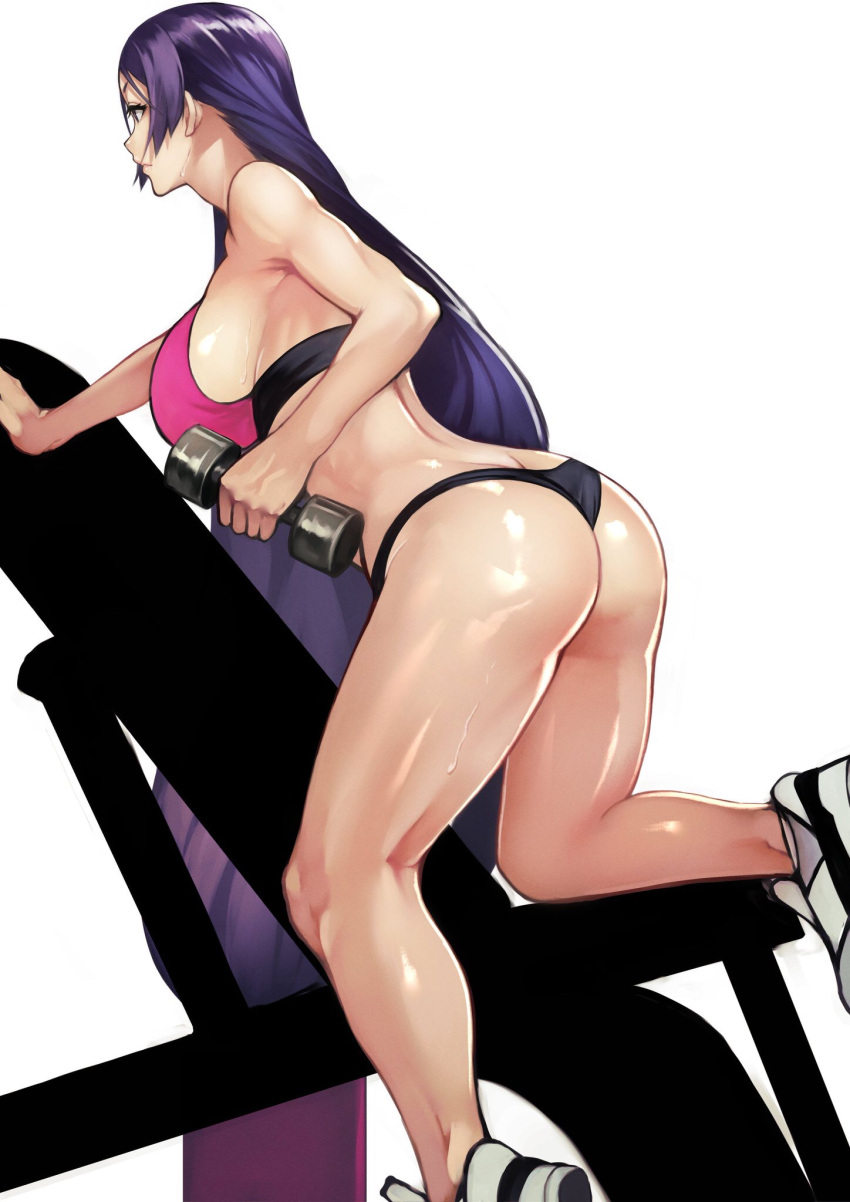 1girl 55level ass back bangs black_panties bra breasts dumbbell exercise fate/grand_order fate_(series) highres large_breasts legs long_hair low-tied_long_hair minamoto_no_raikou_(fate/grand_order) panties parted_bangs purple_bra purple_hair shoes simple_background smile sneakers solo sports_bra sweat thighs underwear very_long_hair violet_eyes white_background white_footwear