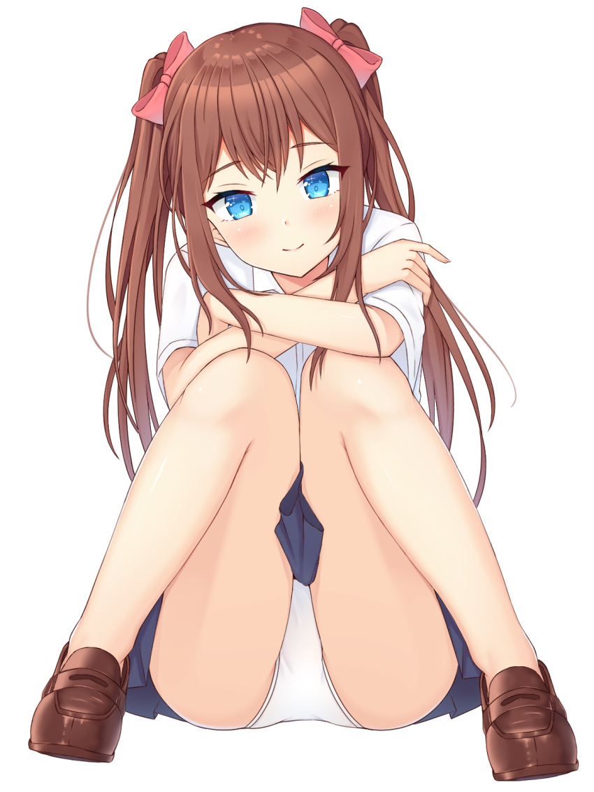 1girl bangs blue_eyes blue_skirt blush bow brown_footwear brown_hair closed_mouth collared_shirt dress_shirt eyebrows_visible_through_hair hair_between_eyes hair_bow head_tilt highres knees_together_feet_apart knees_up loafers looking_at_viewer no_socks original panties pleated_skirt red_bow school_uniform seventeen_(st17215) shirt shoes short_sleeves sidelocks simple_background sitting skirt smile solo twintails underwear white_background white_panties white_shirt