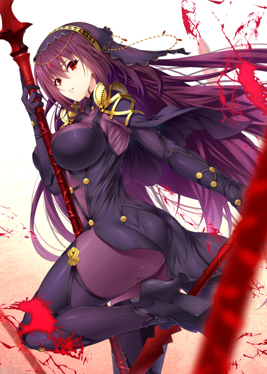 ass bangs bodysuit breasts capelet circlet emanon123 fate/grand_order fate_(series) gae_bolg hair_between_eyes highres large_breasts long_hair looking_at_viewer parted_lips pauldrons polearm purple_bodysuit purple_hair red_eyes scathach_(fate)_(all) scathach_(fate/grand_order) simple_background solo spear thighs veil weapon white_background