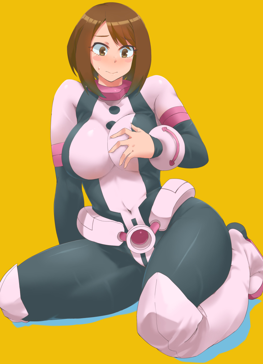 1girl blush_stickers bodysuit boku_no_hero_academia breasts brown_eyes brown_hair eyebrows_visible_through_hair highres large_breasts minakami_(flyingman555) shiny shiny_clothes shiny_hair simple_background solo uraraka_ochako