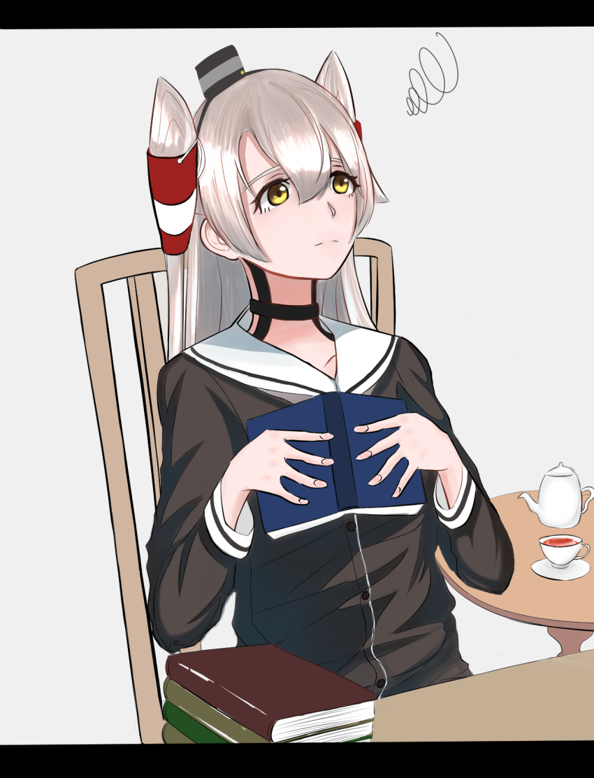 1girl amatsukaze_(kantai_collection) awasari black_dress book book_stack chair cup dress grey_background hair_tubes hat highres holding holding_book kantai_collection long_hair looking_up mini_hat sailor_dress silver_hair simple_background sitting smokestack_hair_ornament solo squiggle table teacup teapot two_side_up windsock