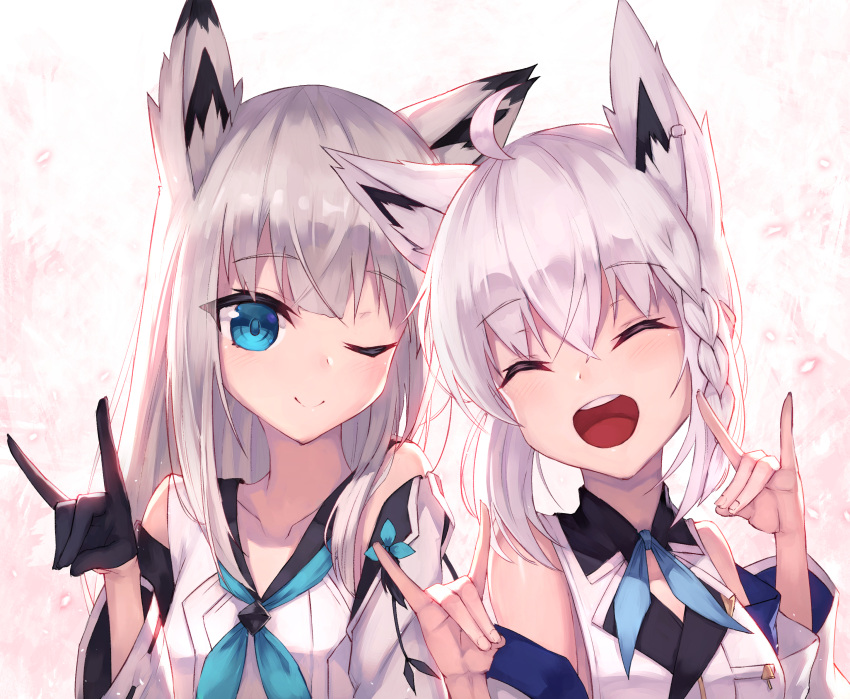 2girls :d ;) ^_^ absurdres ahoge animal_ear_fluff animal_ears azur_lane bad_id bangs black_gloves blue_eyes blue_neckwear blush closed_eyes commentary_request crossover detached_sleeves double_fox_shadow_puppet eyebrows_visible_through_hair fox_ears fox_shadow_puppet gloves hair_between_eyes highres hololive kawakaze_(azur_lane) long_hair long_sleeves look-alike masaki_(msk064) multiple_girls neckerchief one_eye_closed open_mouth shirakami_fubuki shirt silver_hair sleeveless sleeveless_shirt smile upper_body upper_teeth virtual_youtuber white_shirt white_sleeves wide_sleeves