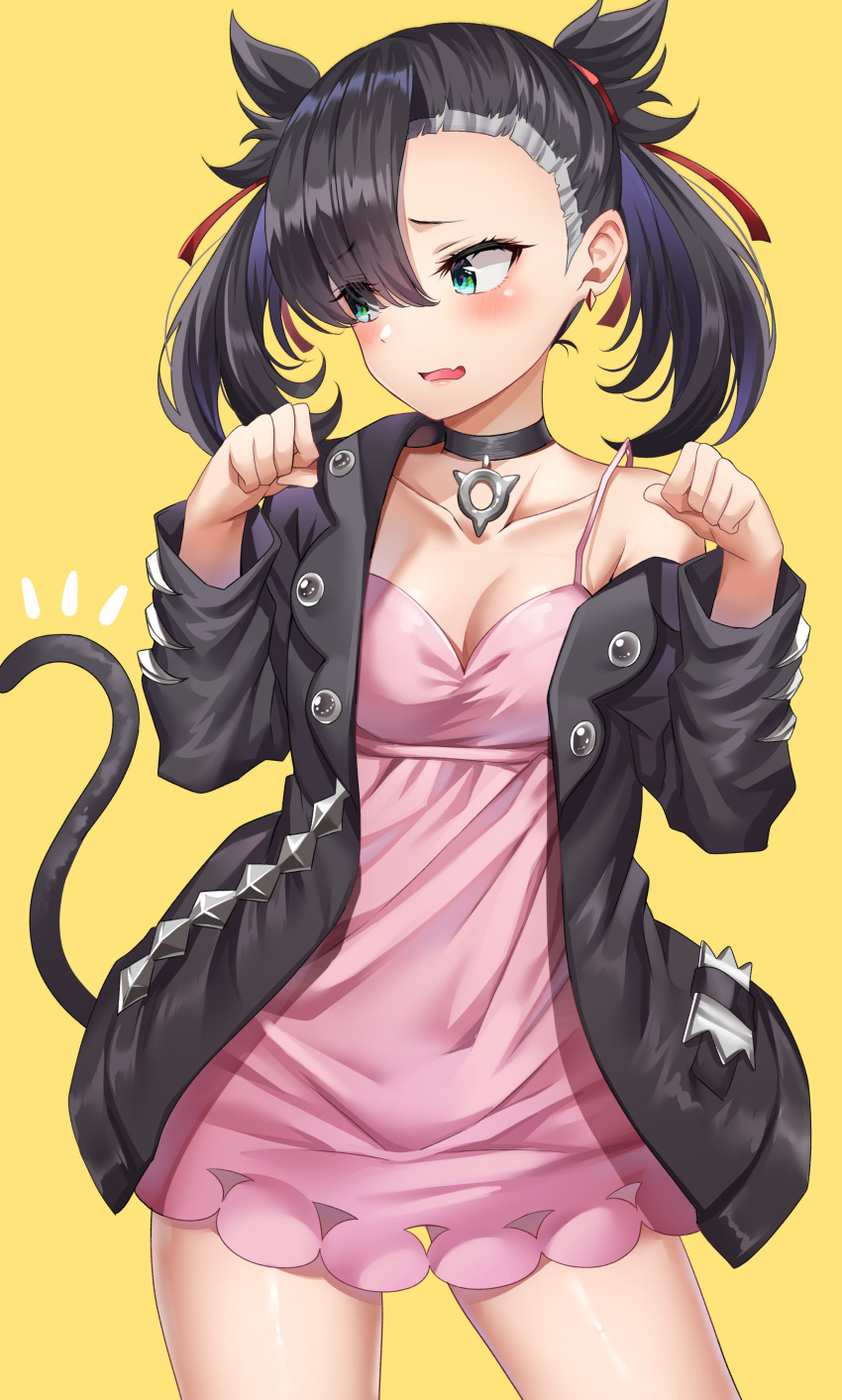 1girl absurdres aqua_eyes asymmetrical_bangs asymmetrical_hair bangs black_hair black_jacket blush breasts cat_tail choker contrapposto cowboy_shot dress earrings hair_ribbon highres jacket jewelry long_sleeves mary_(pokemon) open_clothes paw_pose pink_dress pokemon pokemon_(game) pokemon_swsh red_ribbon ribbon simple_background solo sunhyun tail twintails yellow_background