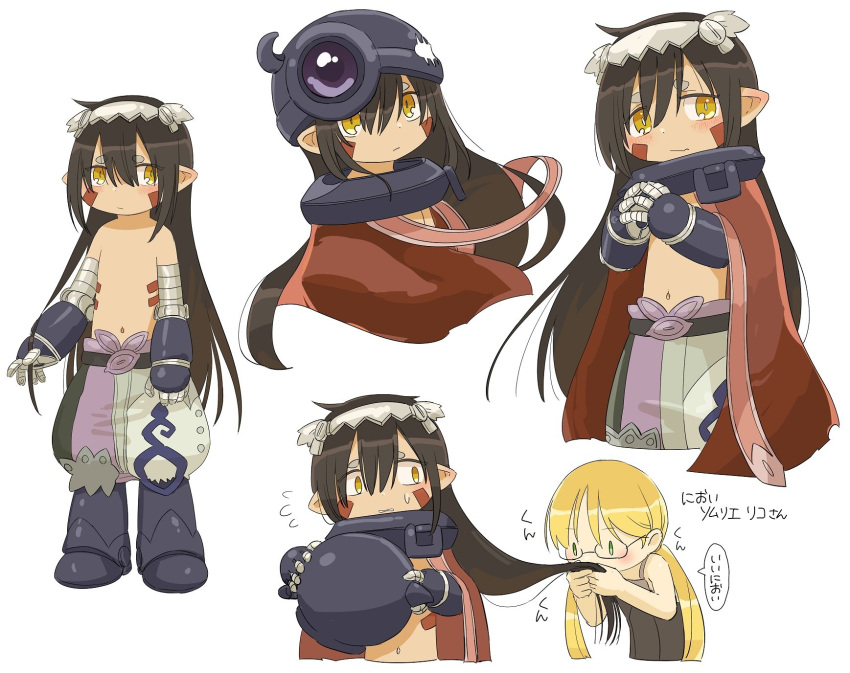 1boy 1girl alternate_hair_length alternate_hairstyle blonde_hair blush brown_eyes brown_hair cape closed_mouth expressionless eyebrows_visible_through_hair facial_mark glasses green_eyes helmet highres kawasemi27 long_hair looking_at_viewer made_in_abyss navel pointy_ears regu_(made_in_abyss) riko_(made_in_abyss) smile speech_bubble translated twintails very_long_hair