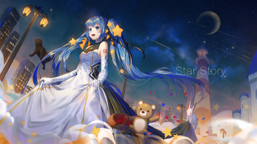 1girl blue_eyes blue_hair cat city copyright_name crescent_moon dress elbow_gloves floating_hair gloves hair_ribbon hatsune_miku highres ji_dao_ji long_hair moon night night_sky number_tattoo open_mouth outdoors rabbit ribbon shoulder_tattoo skirt_hold sky star stuffed_animal stuffed_toy tattoo teddy_bear tower twintails very_long_hair vocaloid white_dress white_gloves