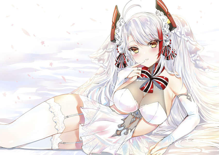 1girl antenna_hair azur_lane bangs blush breasts bridal_gauntlets bridal_veil dress eyebrows_visible_through_hair finger_to_mouth garter_straps gloves headgear highres large_breasts long_hair looking_at_viewer lying mole mole_on_breast multicolored_hair on_side parted_lips prinz_eugen_(azur_lane) prinz_eugen_(symphonic_fate)_(azur_lane) silver_hair smile solo two_side_up veil very_long_hair wedding_dress white_dress yukineko1018