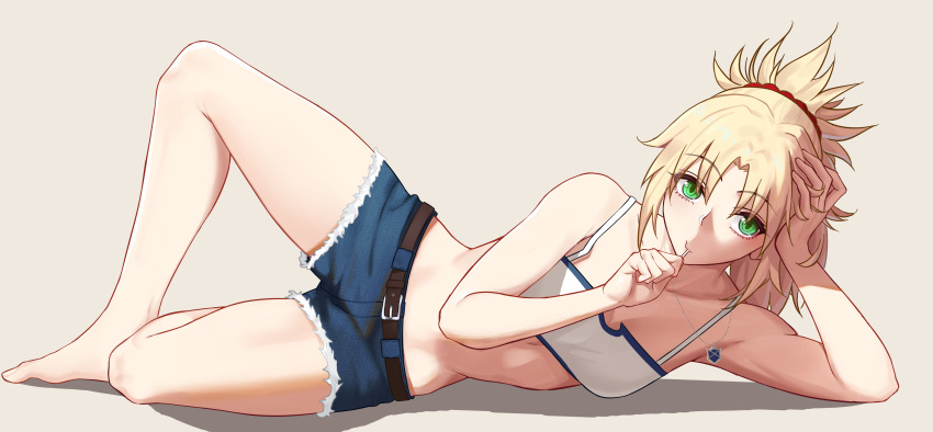 1girl absurdres arm_support bangs belt blonde_hair blue_shorts braid brown_belt bustier candy collarbone cutoffs dcoagt denim denim_shorts eating eyebrows_visible_through_hair fate/apocrypha fate/grand_order fate_(series) food full_body green_eyes highres jewelry lollipop long_hair looking_at_viewer lying mordred_(fate) mordred_(fate)_(all) necklace on_side parted_bangs ponytail red_scrunchie scrunchie short_shorts shorts solo spread_legs
