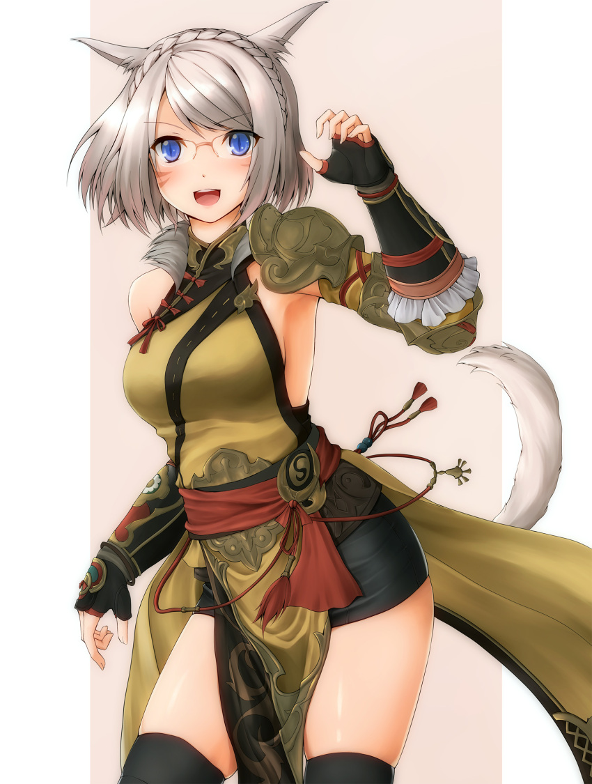 1girl akiji animal_ears arm_up armor armpits asymmetrical_clothes bike_shorts blue_eyes braid breasts cat_ears cat_tail final_fantasy final_fantasy_xiv glasses highres japanese_armor kote large_breasts miqo'te shoulder_armor sideboob skindentation sleeveless tail thigh-highs thighs white_hair