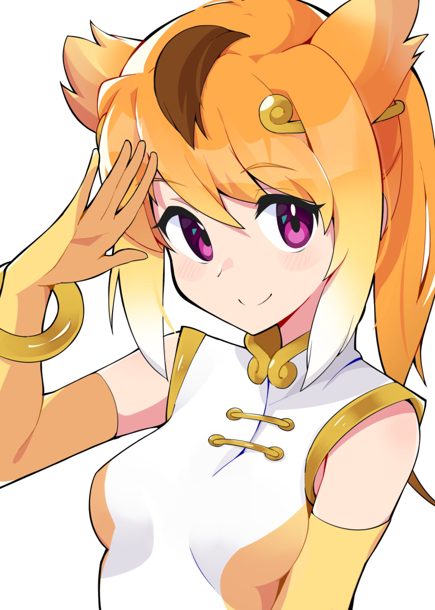 1girl animal_ears bangs bracelet chinese_clothes commentary eyebrows_visible_through_hair gloves golden_snub-nosed_monkey_(kemono_friends) gradient_hair hair_ornament hairpin high_collar highres jewelry kemono_friends leotard light_blush looking_at_viewer medium_hair monkey_ears multicolored_hair orange_gloves orange_hair ponytail portrait salute simple_background sleeveless solo takosuke0624 violet_eyes white_background white_leotard