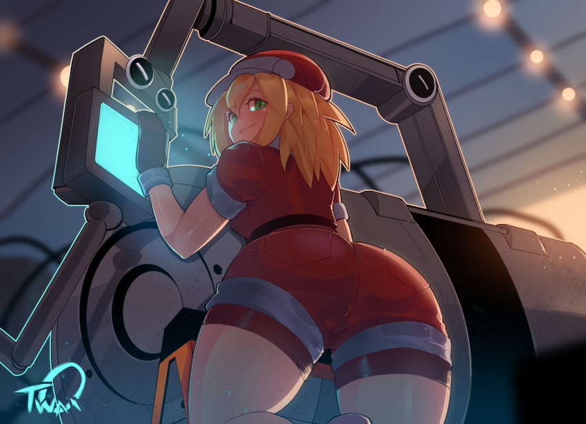 1girl ass bike_shorts bike_shorts_under_shorts black_gloves blonde_hair cabbie_hat commentary english_commentary from_behind gloves green_eyes hat highres looking_back machinery medium_hair nyantcha red_jumpsuit red_shorts rockman rockman_dash roll_caskett screen_light shorts sleeves_rolled_up solo thighs