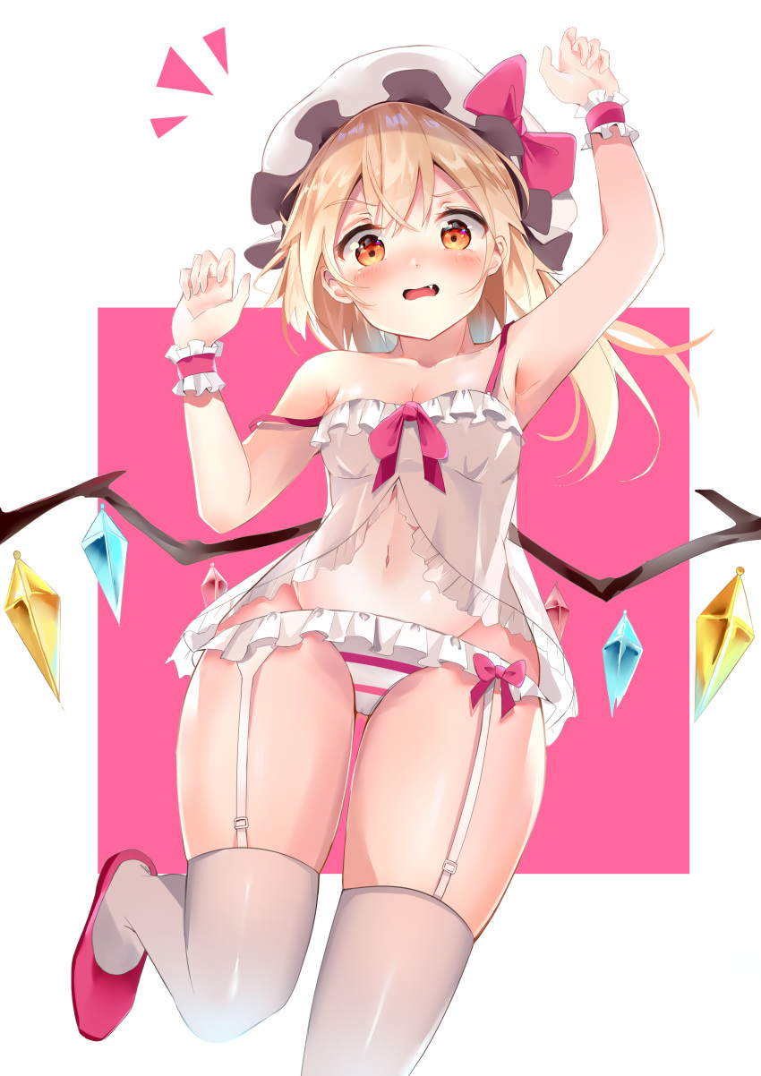 1girl absurdres arm_up armpits babydoll bangs blonde_hair blush bow commentary crystal dleung eyebrows_visible_through_hair fang feet_out_of_frame flandre_scarlet garter_straps groin hand_up hat hat_bow highres long_hair looking_at_viewer mob_cap navel one_side_up open_mouth panties pink_bow pink_footwear red_eyes shoes solo spaghetti_strap strap_slip striped striped_panties thigh-highs thighs touhou underwear underwear_only white_background white_headwear white_legwear wings wrist_cuffs