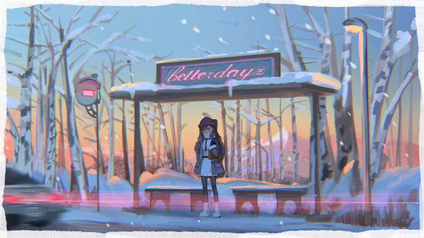 1girl bag beanie bench black_legwear blue_eyes boots brown_hair bus_stop car chromatic_aberration commentary eflilies english_commentary english_text full_body ground_vehicle hand_in_pocket handbag hat jacket lamppost leggings looking_at_viewer medium_hair mittens motor_vehicle original outdoors scarf scenery snow snowing solo standing sunset sweater turtleneck turtleneck_sweater white_footwear winter winter_clothes