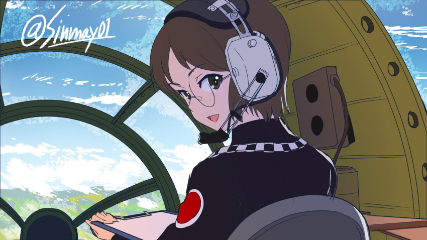 1girl bangs black_dress blue_sky brown_eyes brown_hair chain clipboard clouds cloudy_sky commentary day dress emblem girls_und_panzer glasses headset highres holding holding_clipboard judge long_sleeves open_mouth plane_interior round_eyewear sasagawa_kanon shinmai_(kyata) short_hair sitting sky smile solo twitter_username uniform vehicle_interior