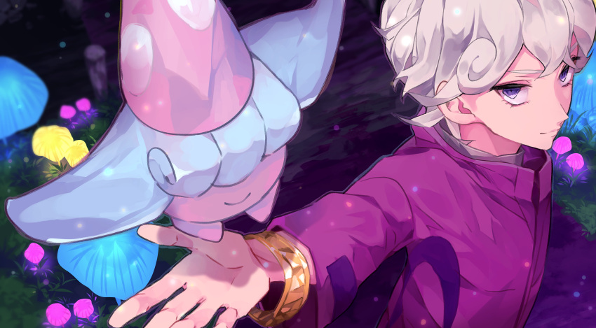 1boy ahoge beet_(pokemon) blonde_hair bracelet curly_hair empty_eyes forest from_above glowing_mushroom hatenna highres jacket jewelry mushroom nature pink_jacket pokemon pokemon_(game) pokemon_swsh popped_collar short_hair smile violet_eyes