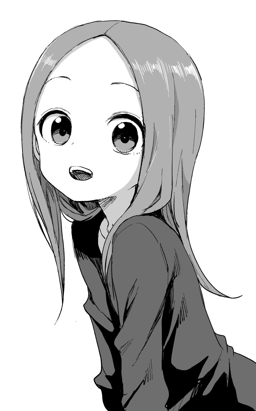 1girl :d absurdres bangs commentary_request forehead greyscale highres karakai_jouzu_no_takagi-san leaning_forward long_hair looking_at_viewer monochrome official_art open_mouth parted_bangs shirt simple_background smile solo takagi-san upper_body upper_teeth white_background yamamoto_souichirou