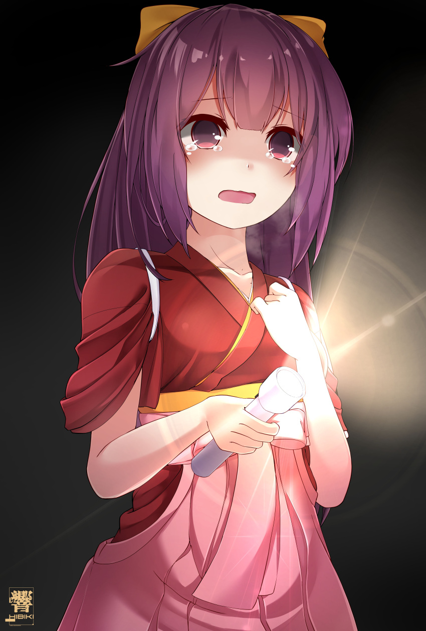 1girl absurdres blush bow eyebrows_visible_through_hair flashlight hair_between_eyes hair_bow hair_ribbon hakama hibiki_zerocodo highres japanese_clothes kamikaze_(kantai_collection) kantai_collection kimono long_hair long_sleeves looking_at_viewer meiji_schoolgirl_uniform open_mouth pink_hakama purple_hair red_kimono ribbon solo tasuki tearing_up violet_eyes yellow_bow yellow_ribbon