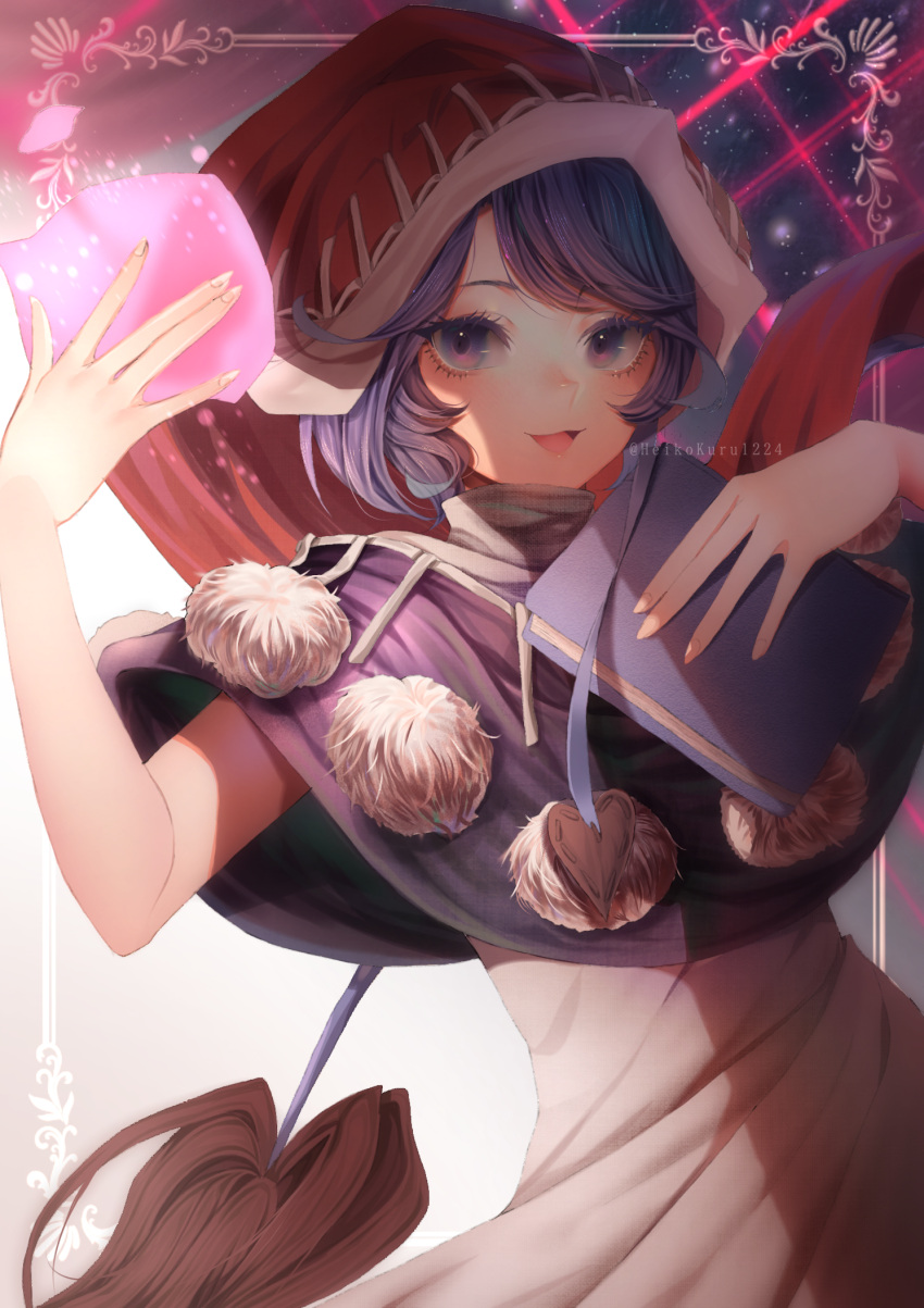 1girl :d arm_up artist_name bangs blue_capelet blue_eyes blue_hair blush book bookmark border capelet doremy_sweet dream_soul dress hand_up hat heikokuru1224 highres holding holding_book light_particles lips looking_at_viewer looking_to_the_side multicolored multicolored_eyes nightcap open_mouth outstretched_hand pom_pom_(clothes) short_hair smile solo swept_bangs tail tapir_tail touhou turtleneck upper_body violet_eyes watermark white_dress