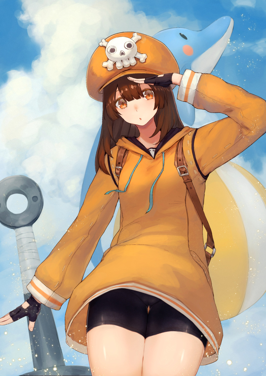 1girl anchor bag ball beachball bike_shorts breasts brown_eyes brown_hair doll dolphin fingerless_gloves gloves guilty_gear guilty_gear_2020 guilty_gear_strive hat highres hood hoodie long_hair looking_at_viewer may_(guilty_gear) open_mouth orange_headwear orange_hoodie orange_shirt pirate pirate_hat shirt skull_and_crossbones sky small_breasts solo stuffed_toy toima_(beat0829) water weapon