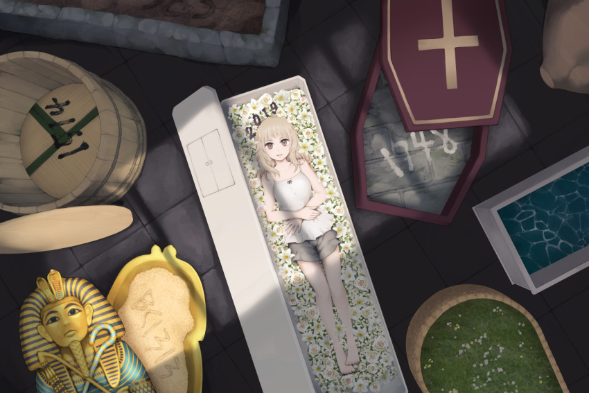 1313_bc 1514 1748 1953 1girl 2019 3650 bangs bare_shoulders barefoot blonde_hair brown_eyes camisole coffin commentary_request crook_and_flail egyptian flower full_body hands_on_stomach latin_cross long_hair looking_at_viewer lying on_back original sarcophagus short_shorts shorts solo stone_floor tatami tile_floor tiles white_flower yajirushi_(chanoma)