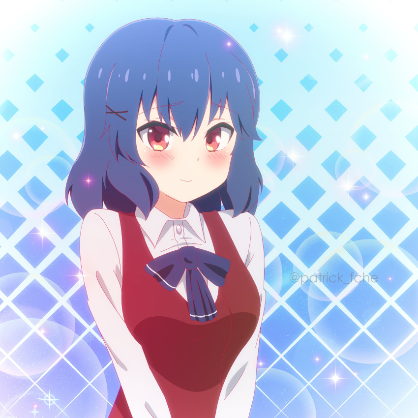 1girl absurdres bangs blue_background blue_bow blue_hair blush bow breasts checkered_background commentary dress_shirt eyebrows_visible_through_hair hair_between_eyes hair_ornament highres indie_virtual_youtuber light_smile long_sleeves looking_at_viewer medium_breasts medium_hair neckwear_request nori_(vtuber) patrick_fche red_eyes red_sweater_vest shiny shiny_hair shirt sidelocks signature solo spanish_commentary sweater_vest twitter_username v_arms virtual_youtuber white_shirt wing_collar x_hair_ornament
