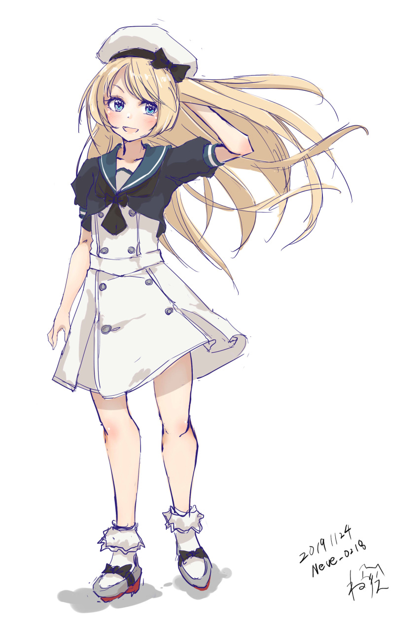 1girl absurdres black_ribbon blonde_hair blue_eyes blue_sailor_collar dated dress full_body gloves hair_ribbon hat highres jervis_(kantai_collection) kantai_collection long_hair mary_janes neve ribbon sailor_collar sailor_dress sailor_hat shoes signature twitter_username white_background white_dress white_headwear